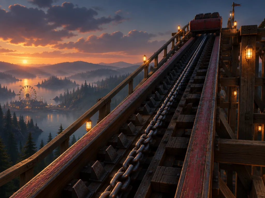 Kereta merah ditarik rantai baja di lift hill kayu yang curam. Gigi anti-rollback berjajar di tengah rel, kincir dan danau tampak kecil jauh di bawah.