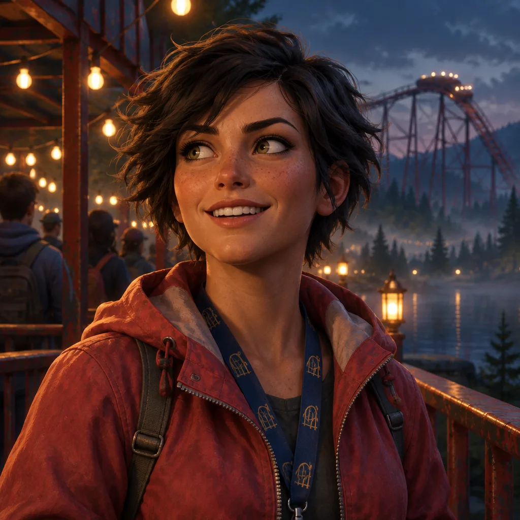 Rosa Vane, perempuan berambut pendek berjaket merah, tersenyum menunggu di antrean coaster.