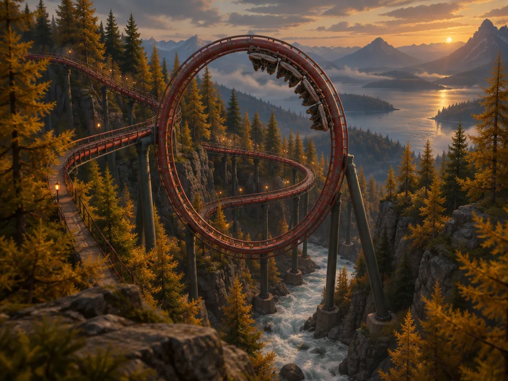 Coaster baja Larch Viper bertrek merah dengan loop vertikal dan helix di jurang berpohon larch kuning, sungai putih di dasarnya.
