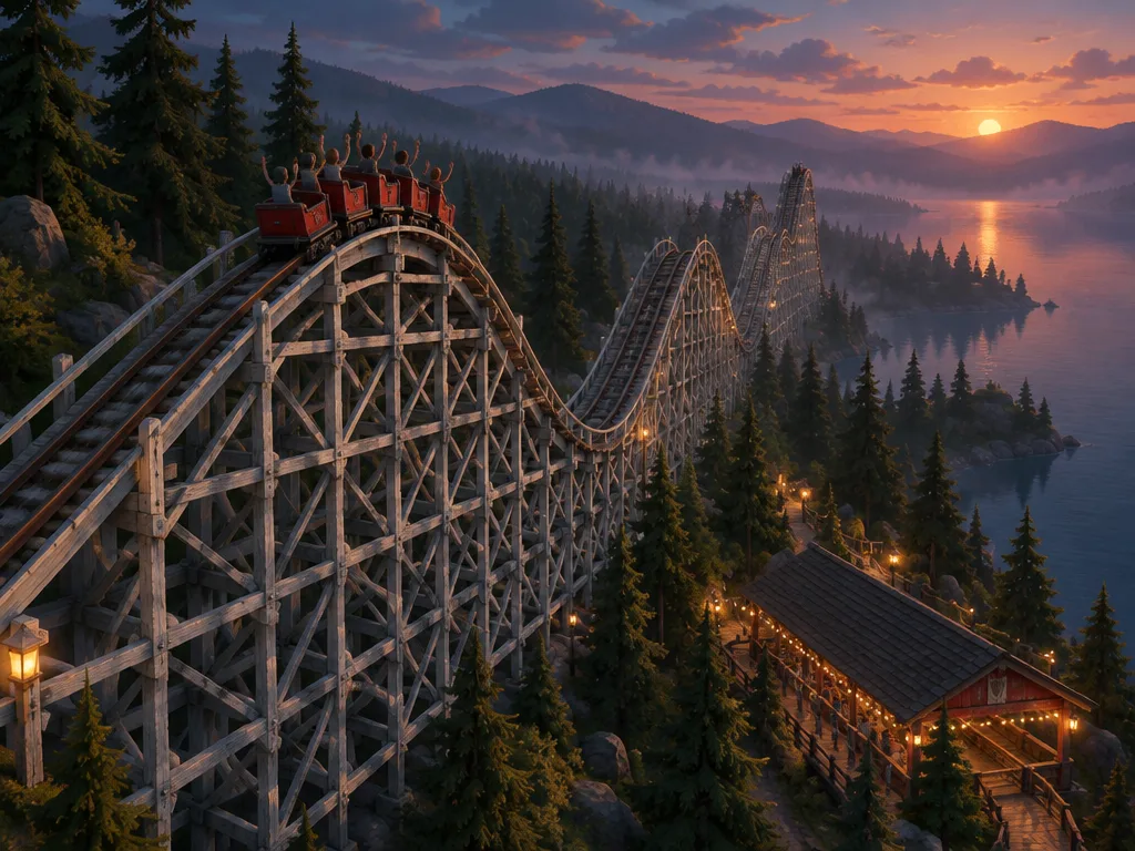 Coaster kayu Ironbark dengan rangka kayu kelabu di lereng pinus. Kereta merah enam gerbong melewati puncak bukit, danau dan matahari terbenam di kanan.